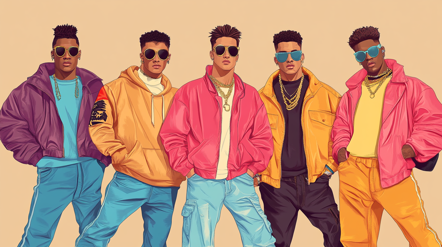 Attractive ethnically diverse men in 90s boyband style