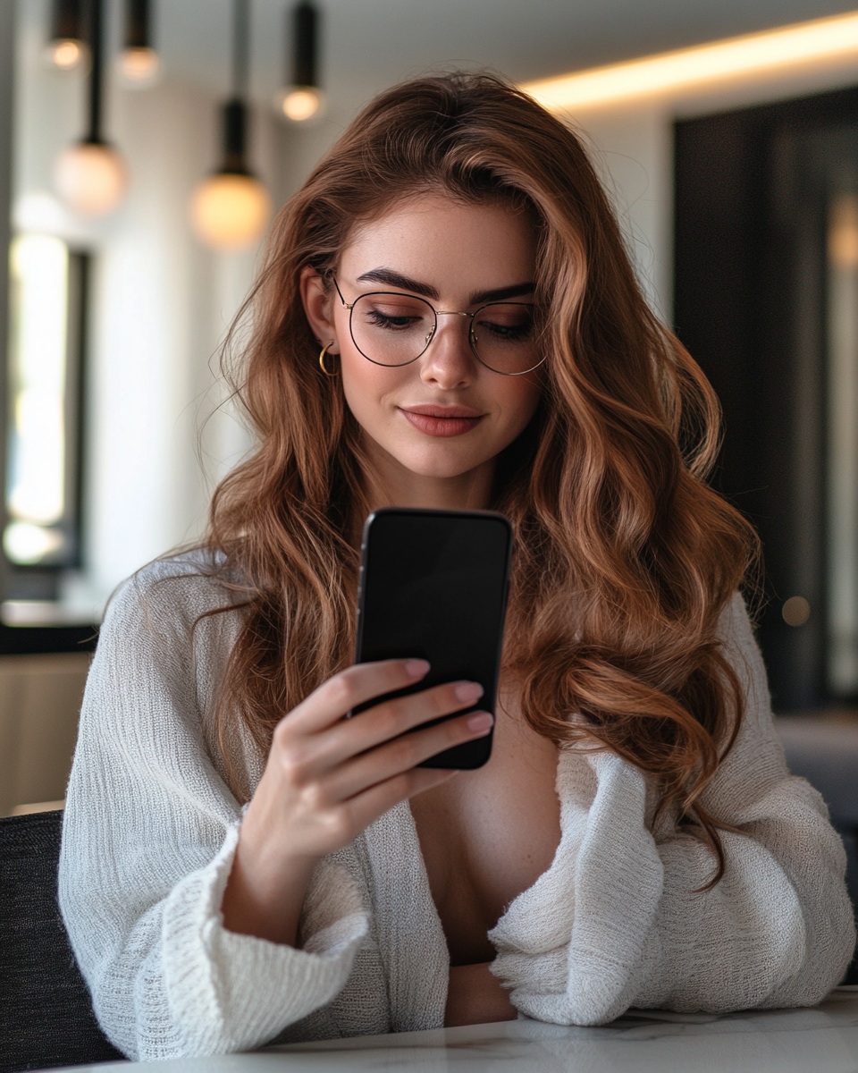 Attractive woman in 30s downloading app on iPhone.