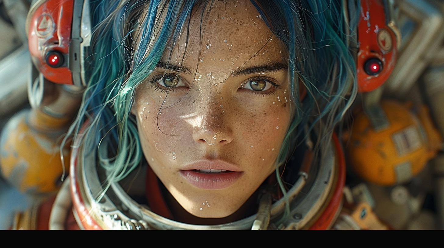 Attractive woman in military space suit with blue hair.