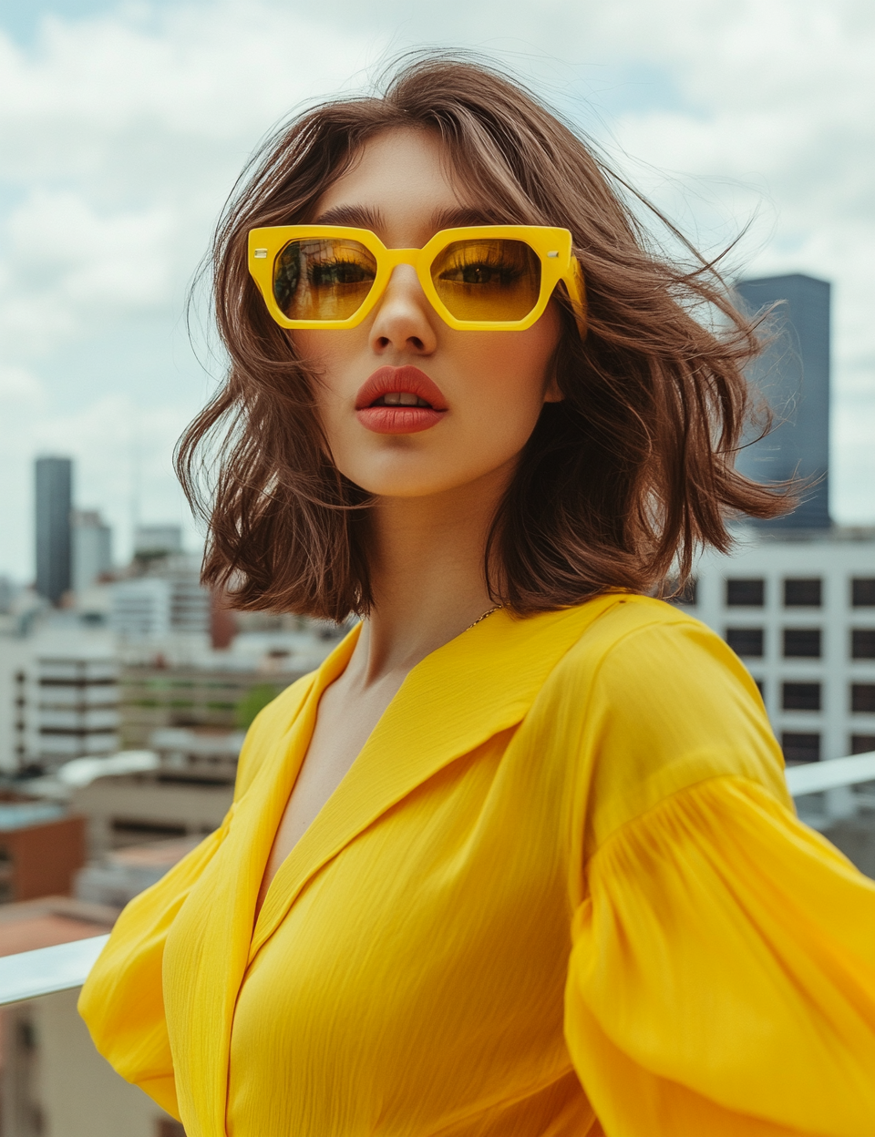 Attractive woman in yellow outfit on city balcony.