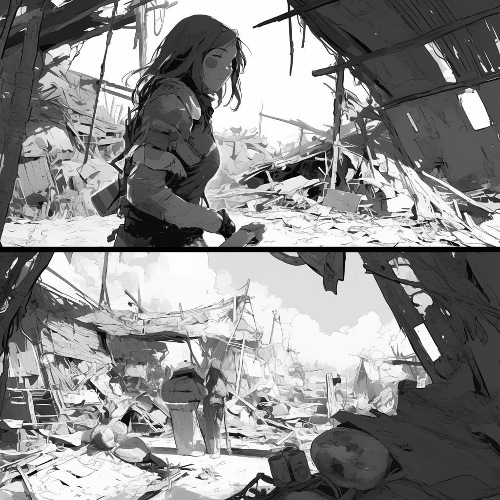 Aunty Aileen works in shelter, sketch style background.