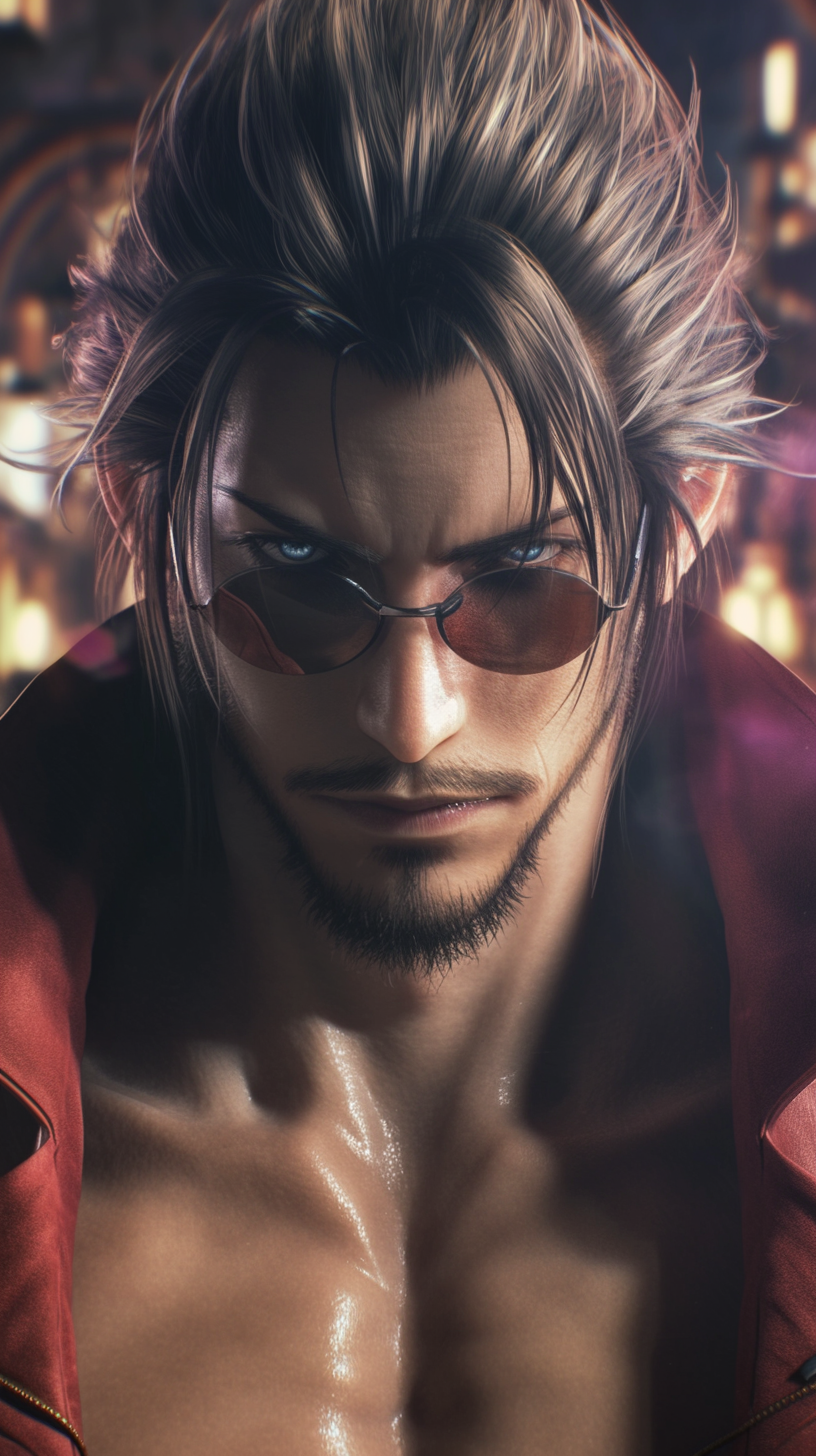 Auron with striking eyes in hyper realistic portrait style.