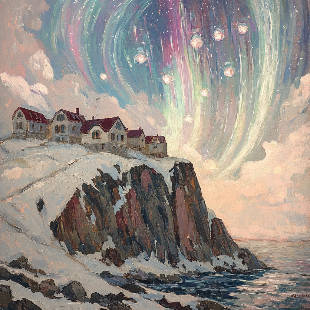 Aurora borealis descends on hilltop homes in surreal scene.