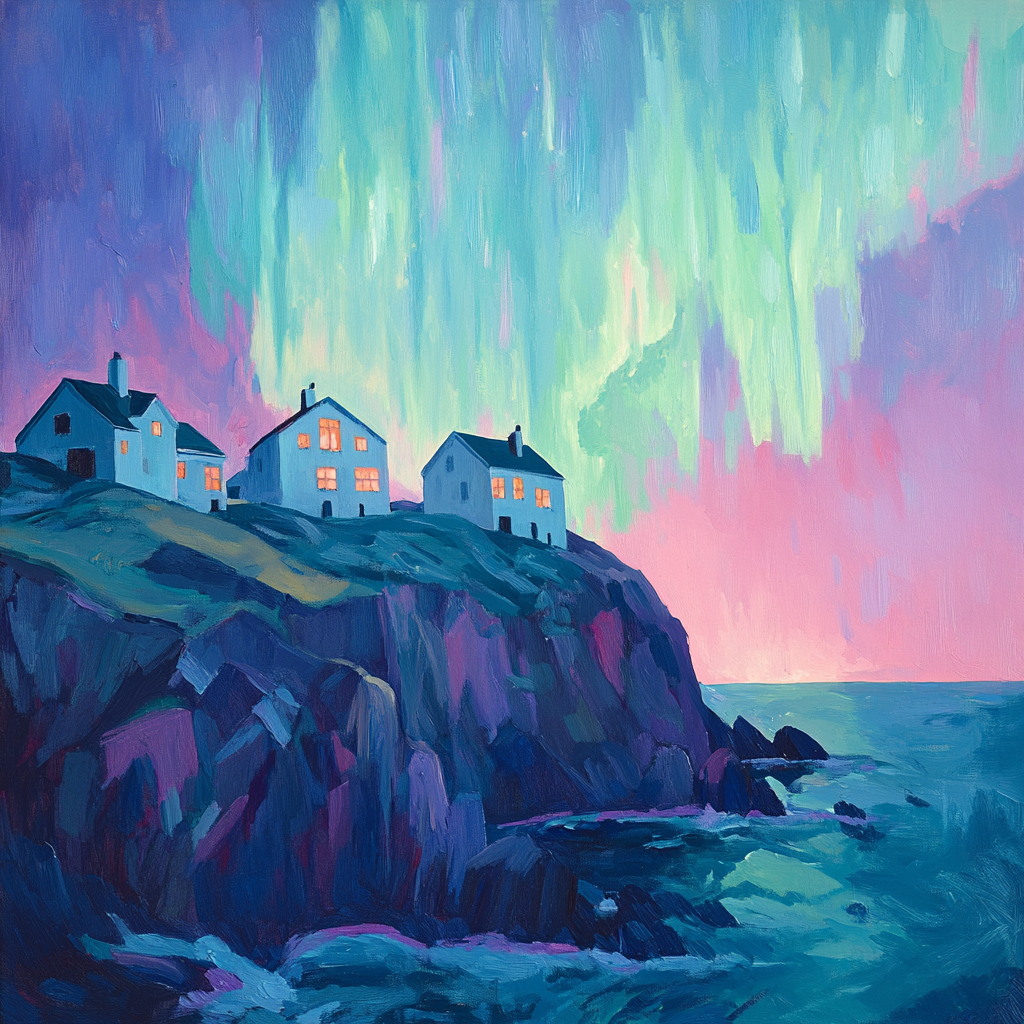 Aurora borealis over mountain houses, otherworldly aquamarine hues.