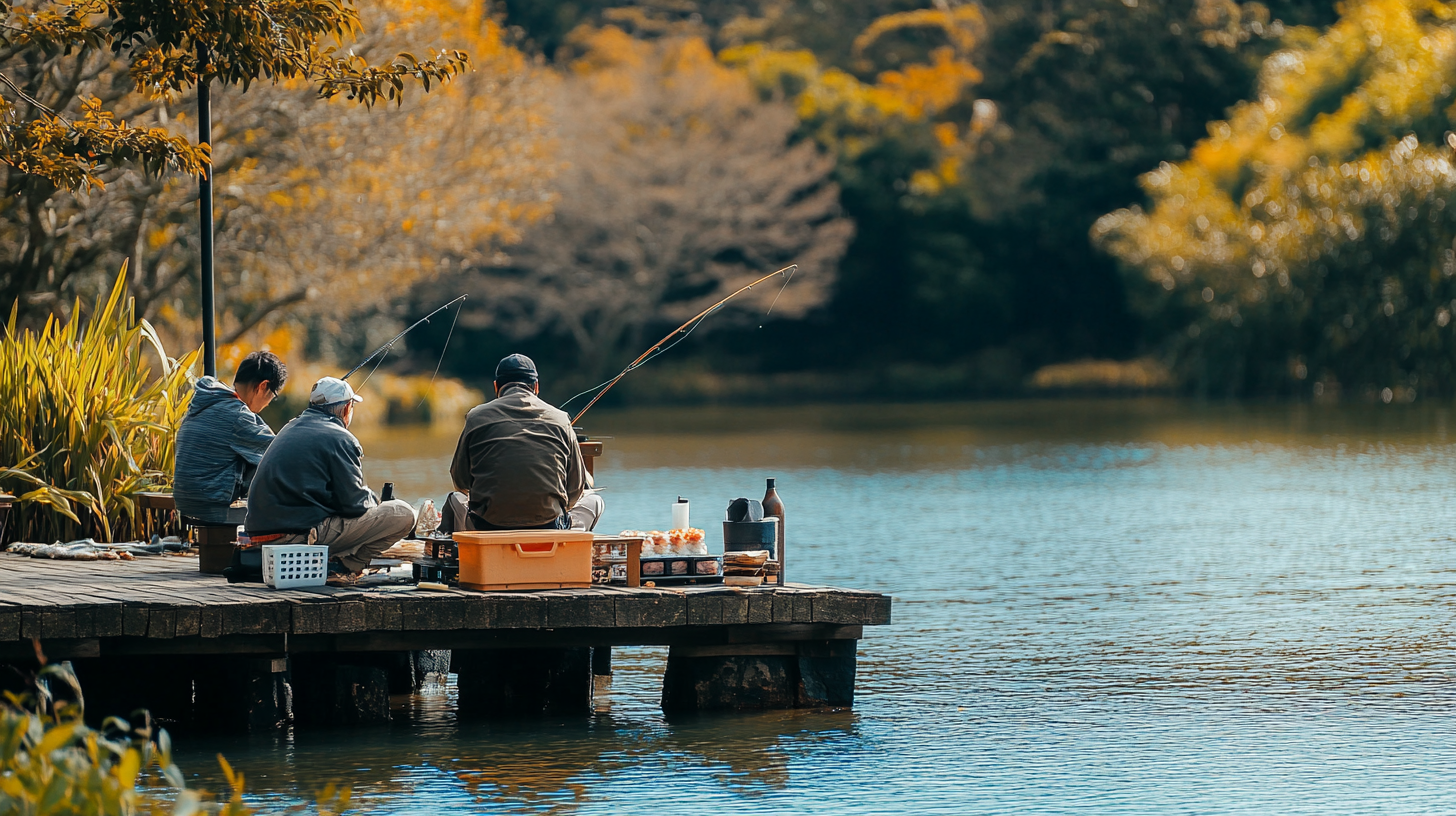 Australian bush river, fishermen, Japanese sushi master, fishing rods.