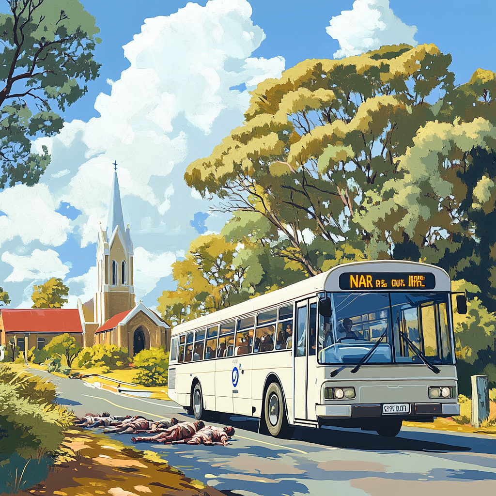 Australian city bus on sunny day with church