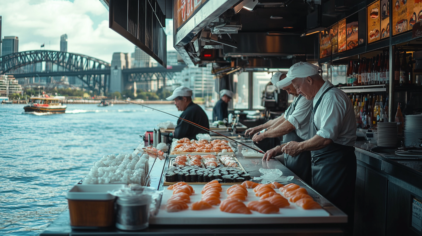 Australian fishermen fishing on river pier, Japanese sushi master.