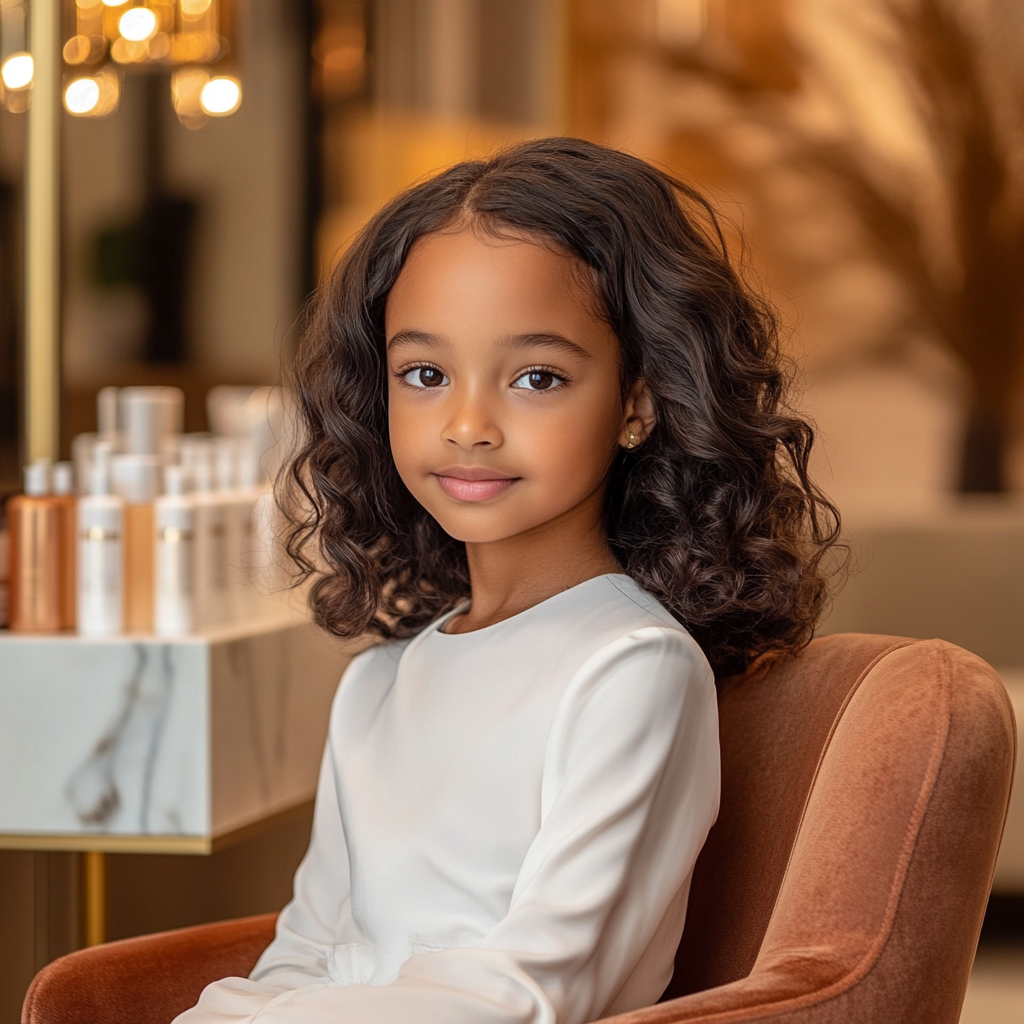 Australian girl in upscale salon with elegant decor.