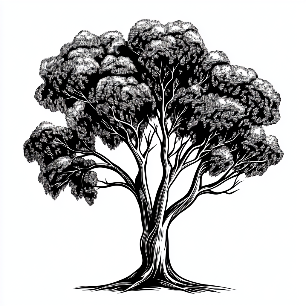 Australian gum tree with thick trunk, symmetrical, linocut style.