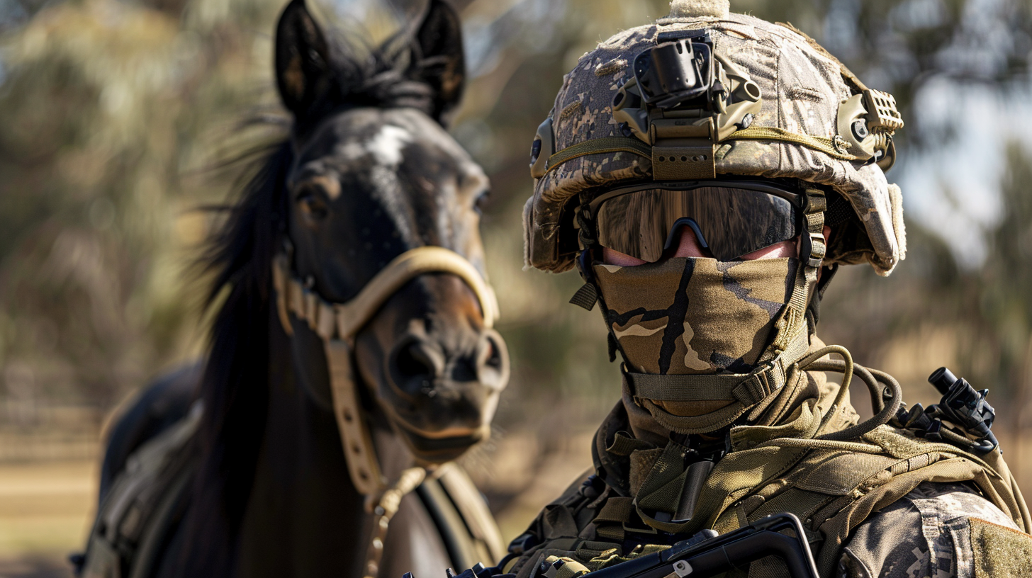 Australian soldier in Aus Cams with black pony mascot.