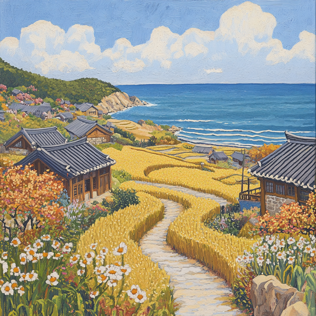 Autumn Island with Rice Fields and Coastal Path