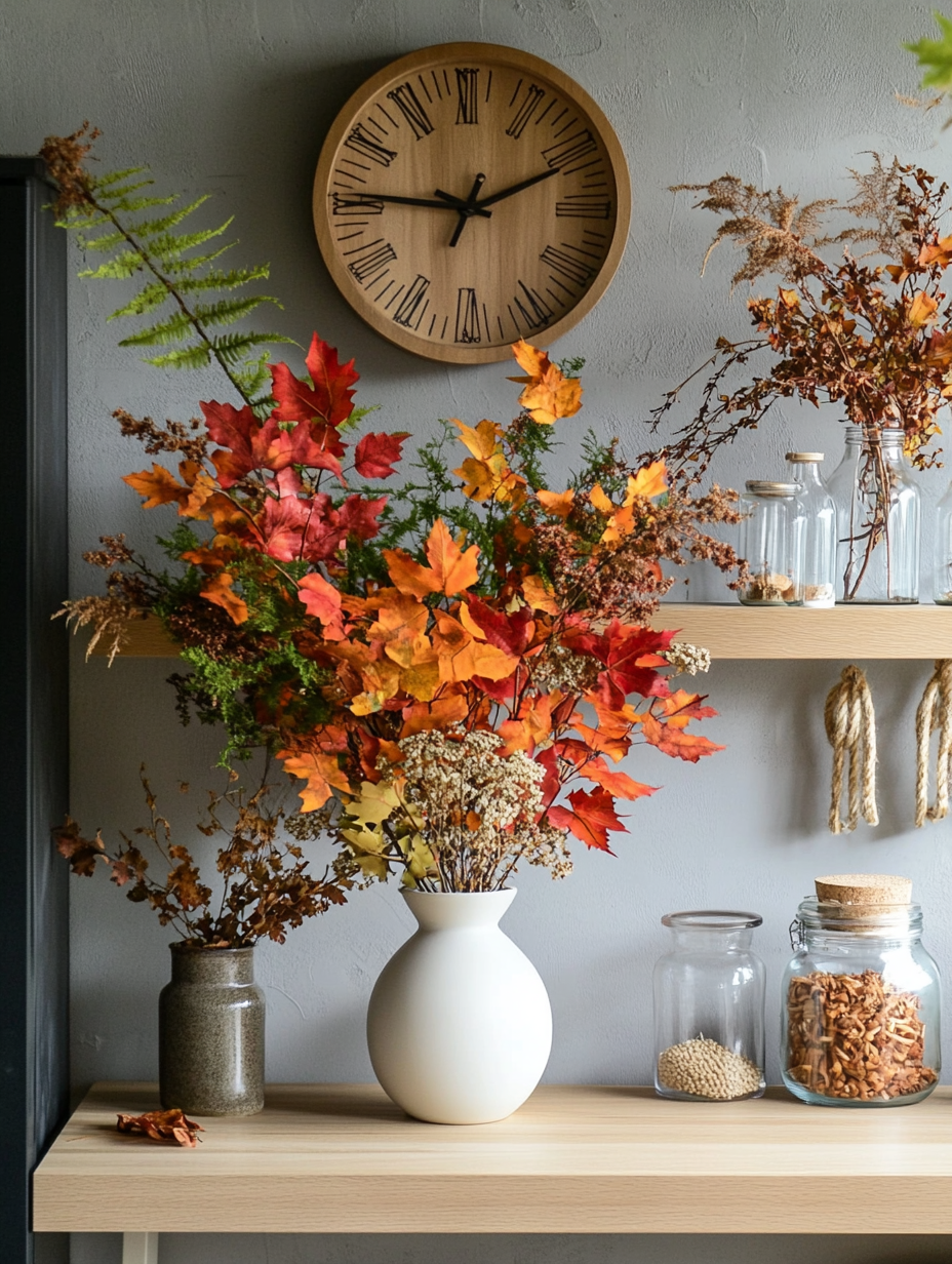 Autumn Kitchen Decor with Dried Flowers and Ferns