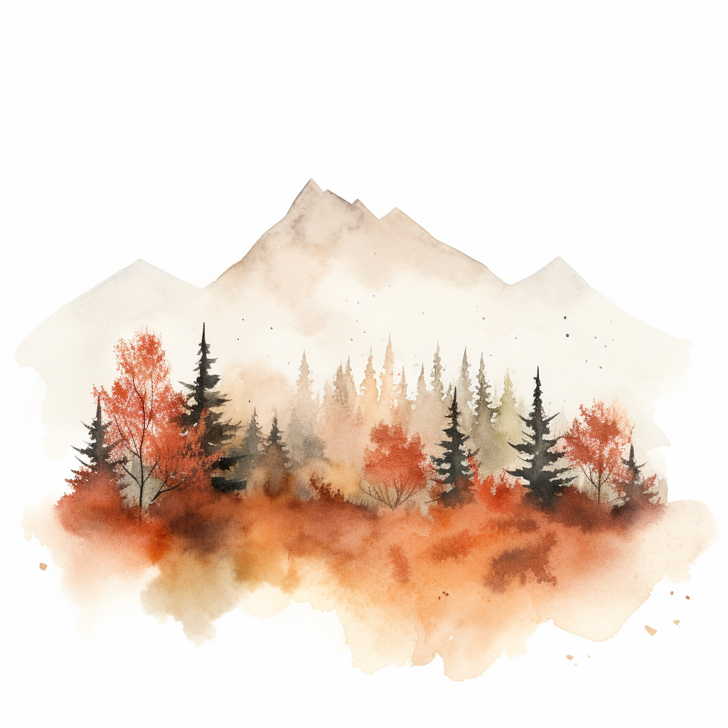 Autumn Mountain Watercolor Illustration in Minimalist Style