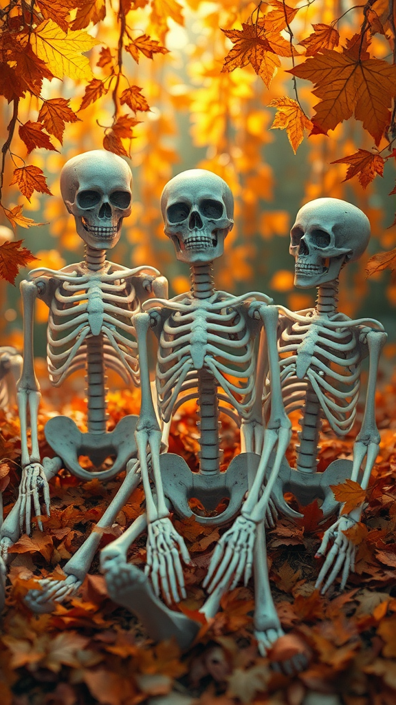 Autumn Skeletons Surrounded By Swirling Leaves