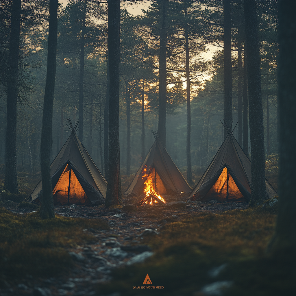 Autumn Sunrise Campsite with Bonfire in Forest