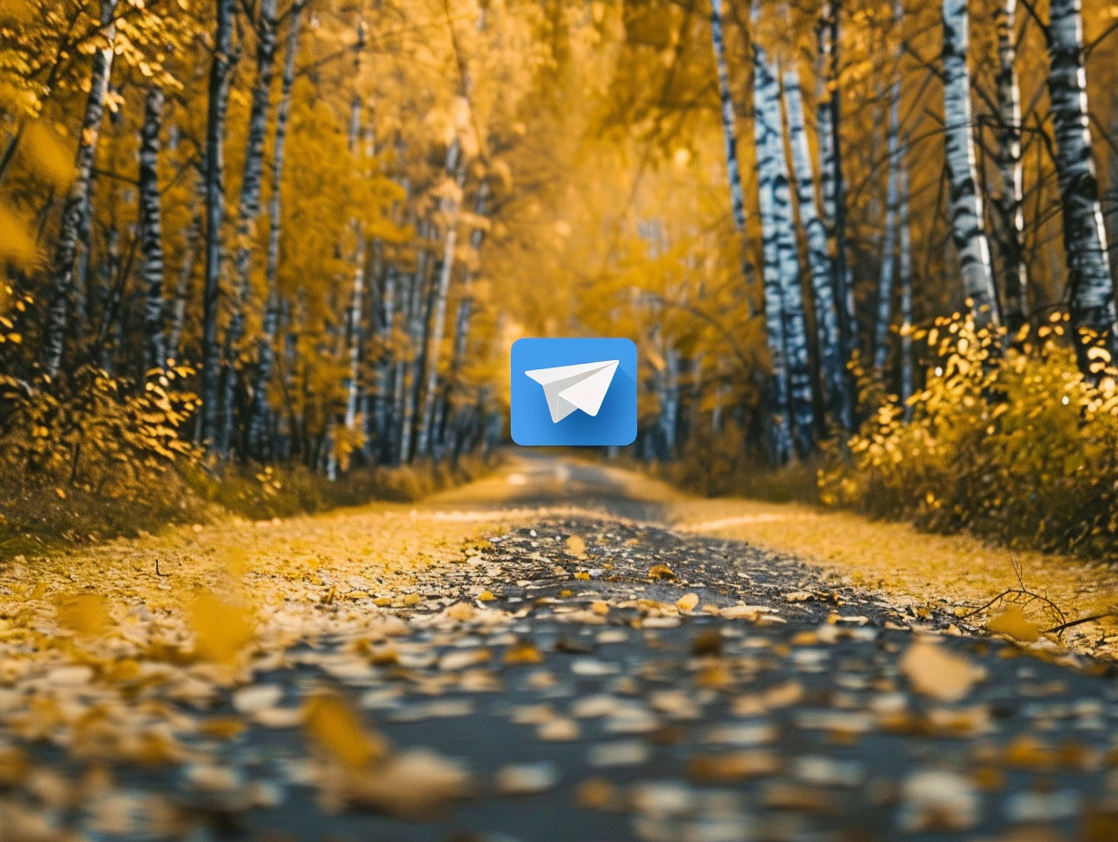 Autumn forest with Telegram paper airplane icon