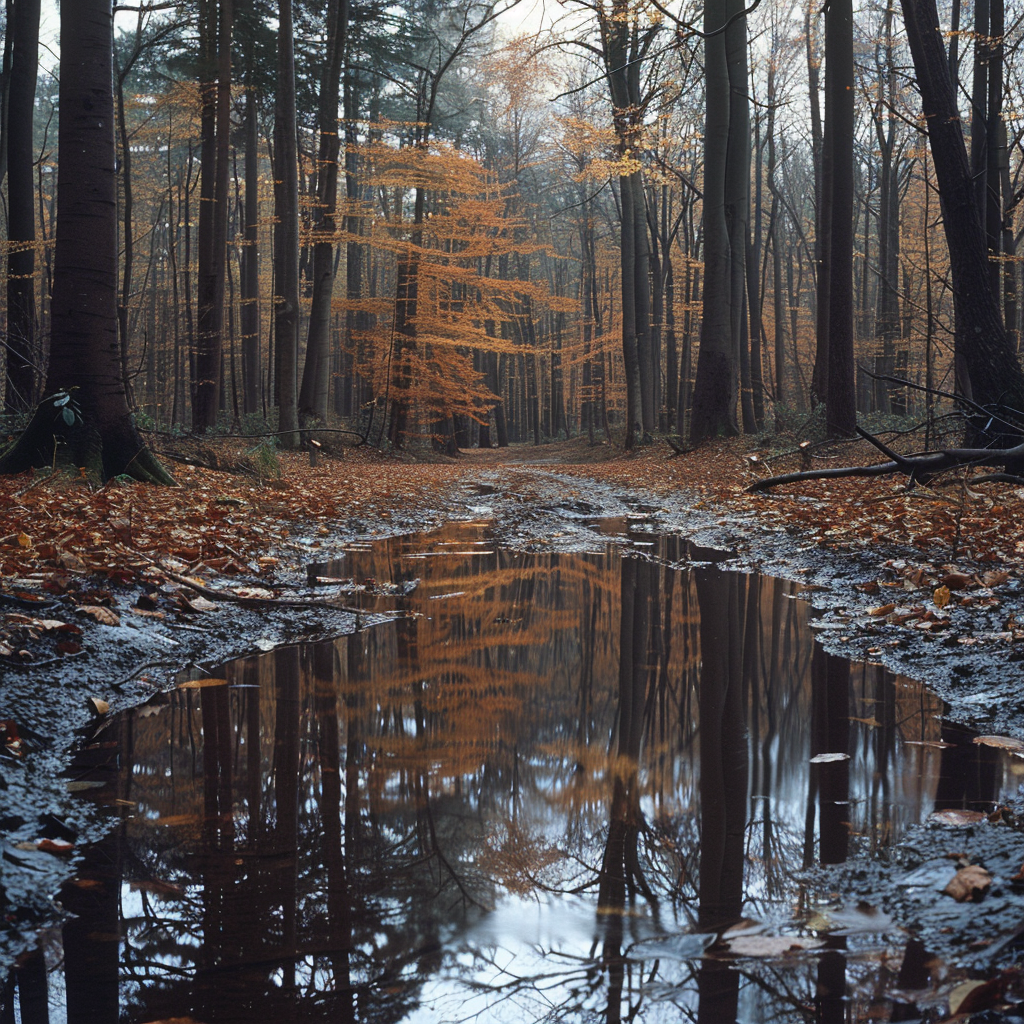 Autumn forest with puddle, colorful leaves, serene lighting.