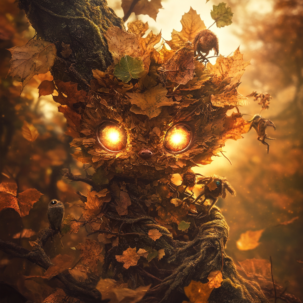 Autumn leaves forest spirit playing with woodland creatures, glowing.