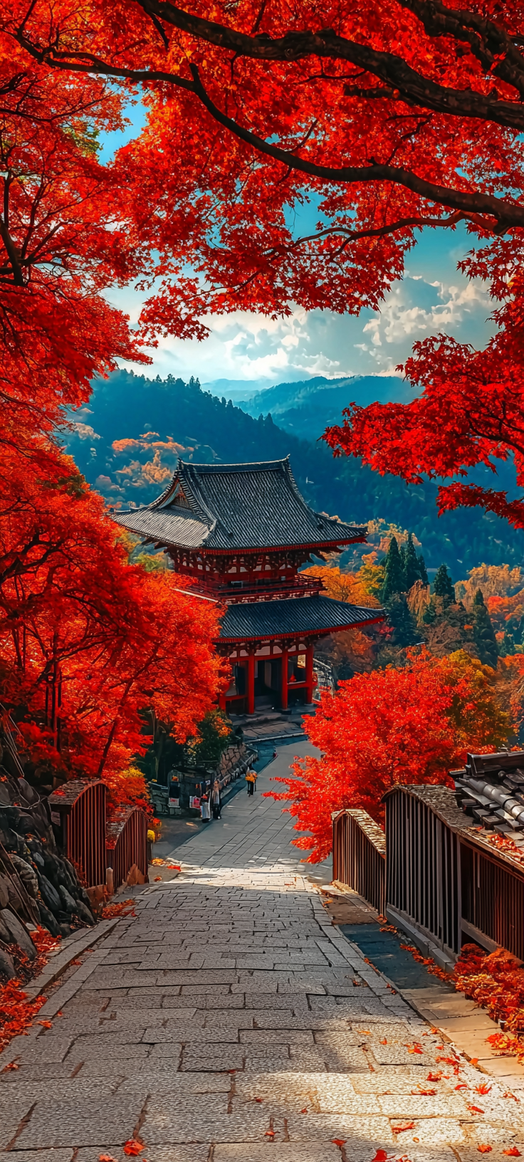 Autumn leaves in Japan, Temple in Mountains