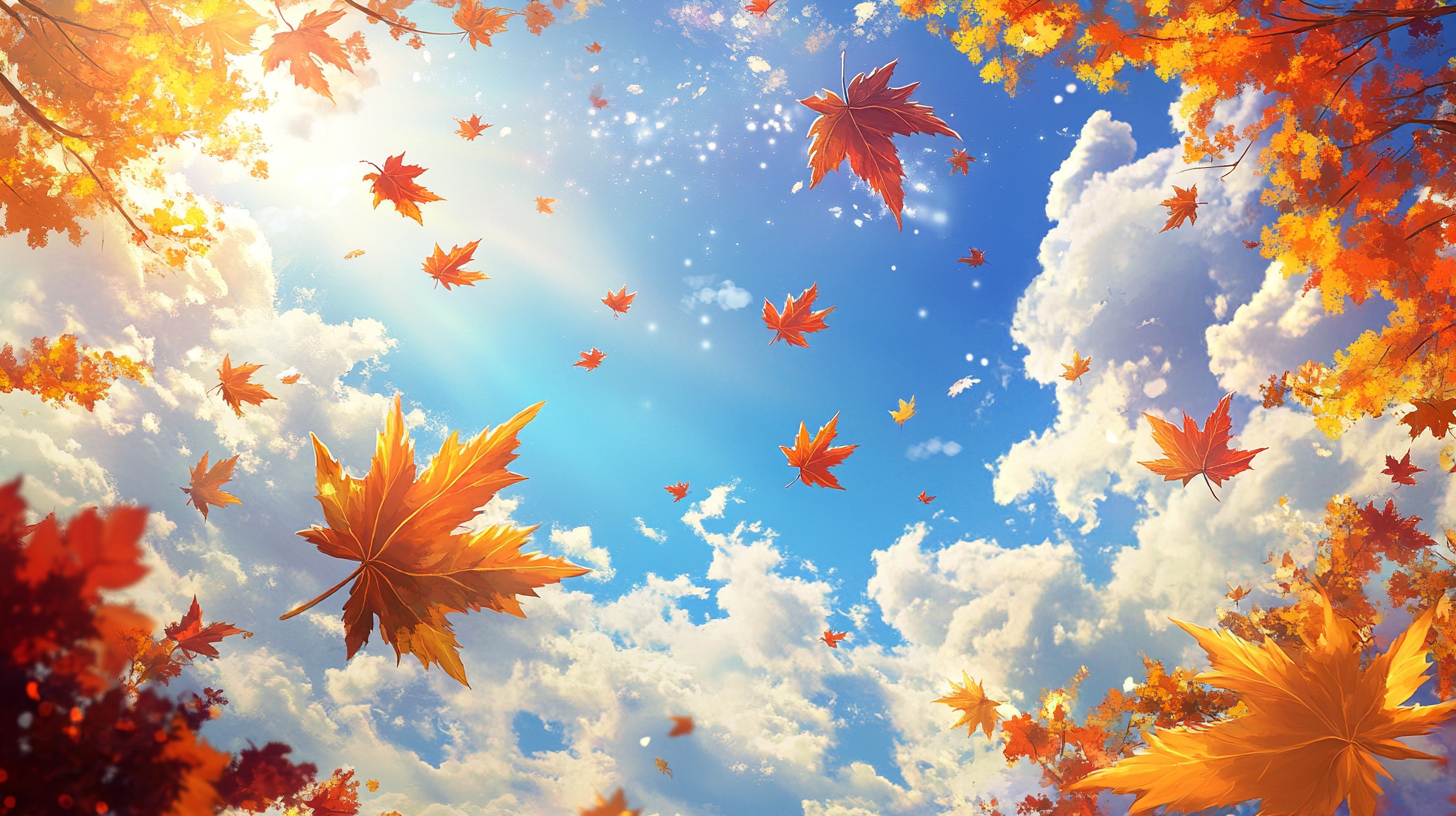 Autumn leaves swirling in blue sky with fluffy clouds.