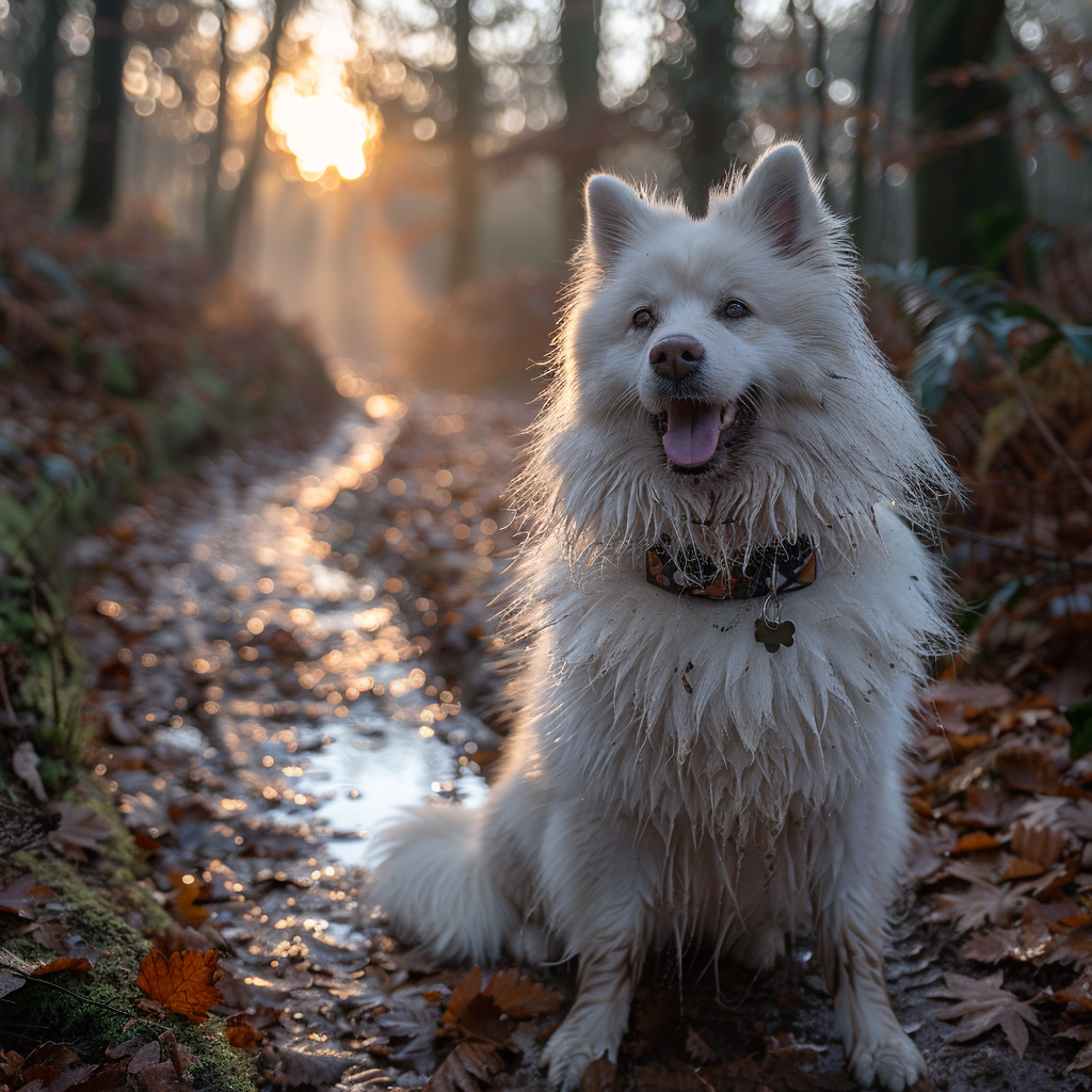 Autumn photo captures happy dog in forest setting.