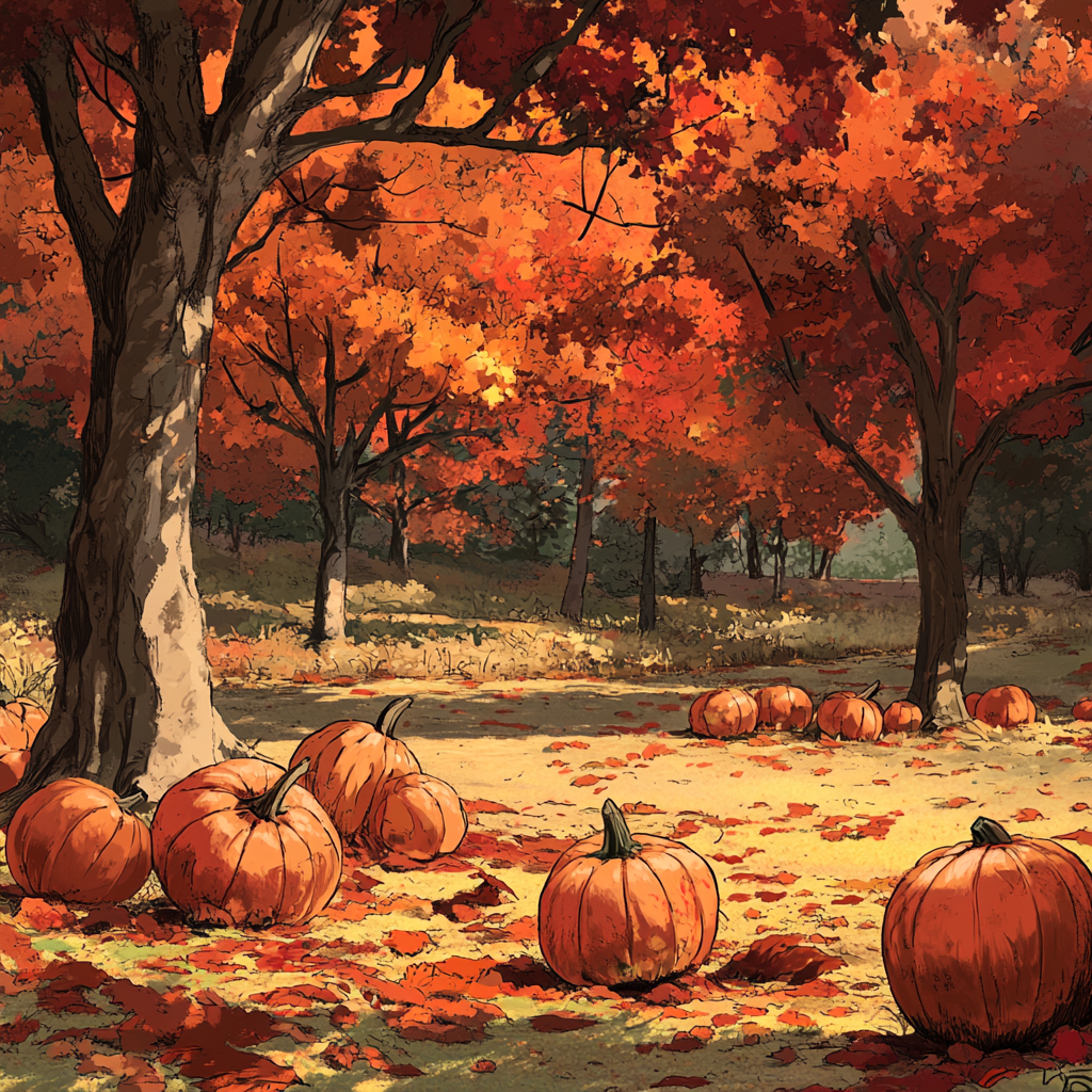 Autumn pumpkin patch scene with fallen leaves and trees.