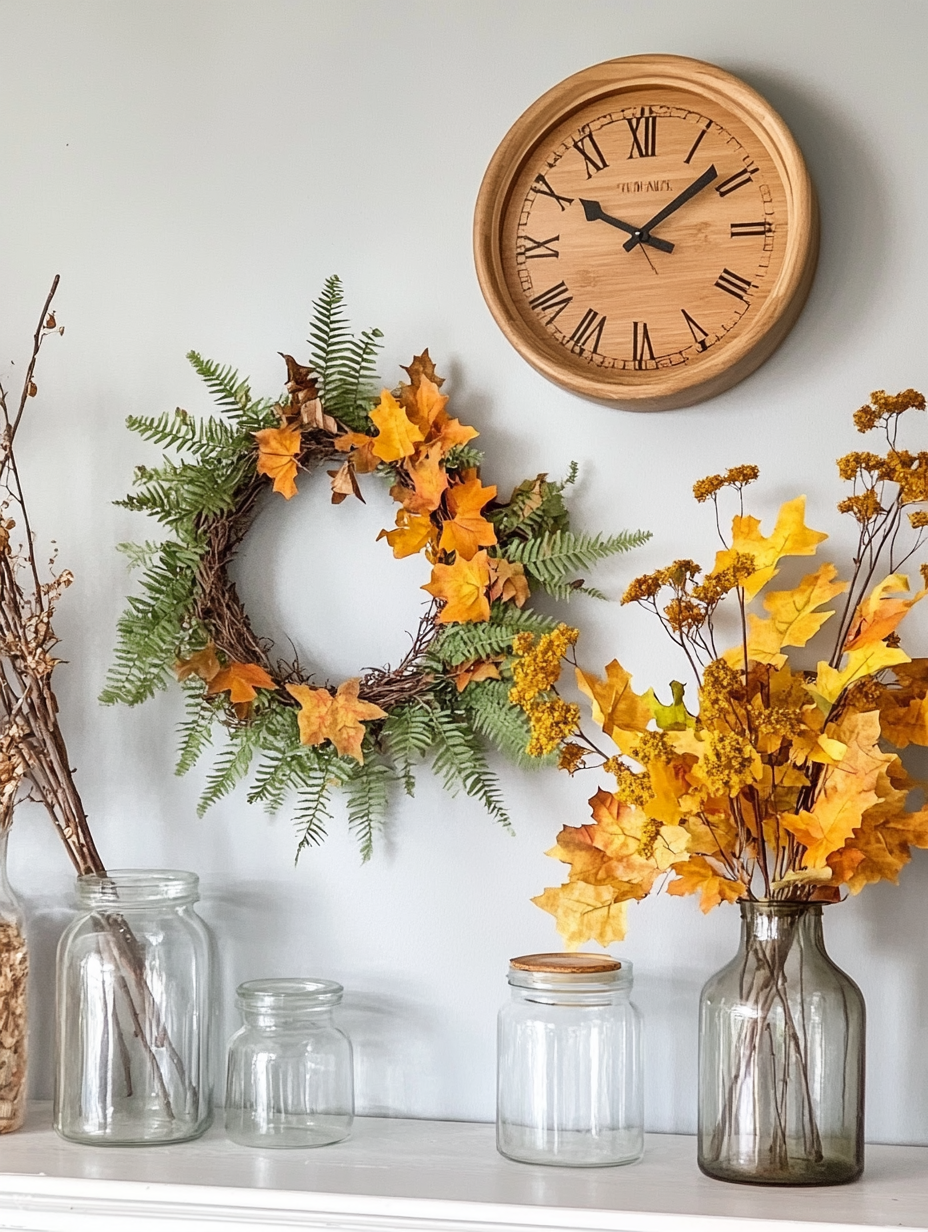 Autumn wreath, flowers, clock, jars decorate kitchen walls