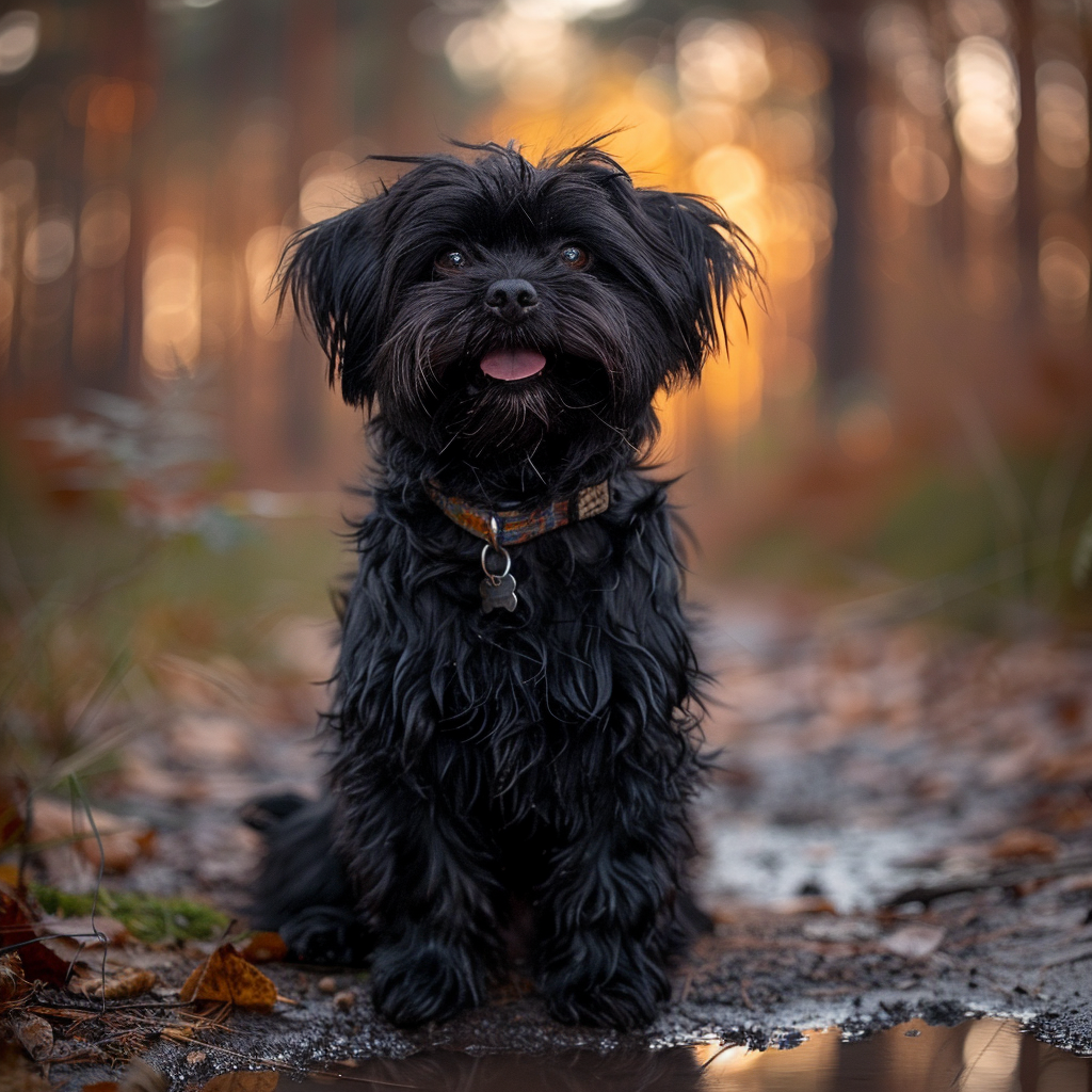 Autumnal photo of happy dog in serene forest.