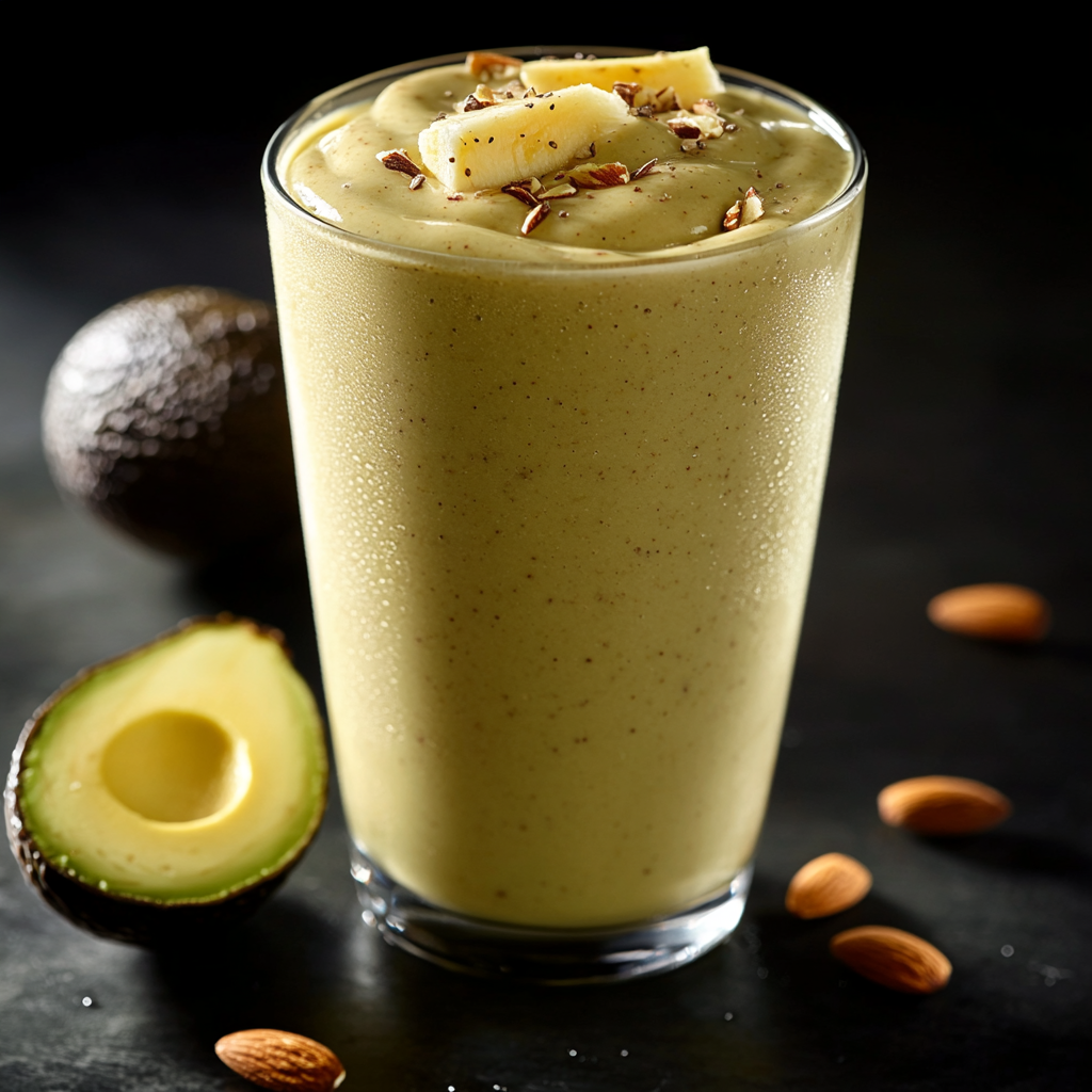 Avocado Banana Smoothie with Real Banana Decoration: Hyper-realistic 16K Photo