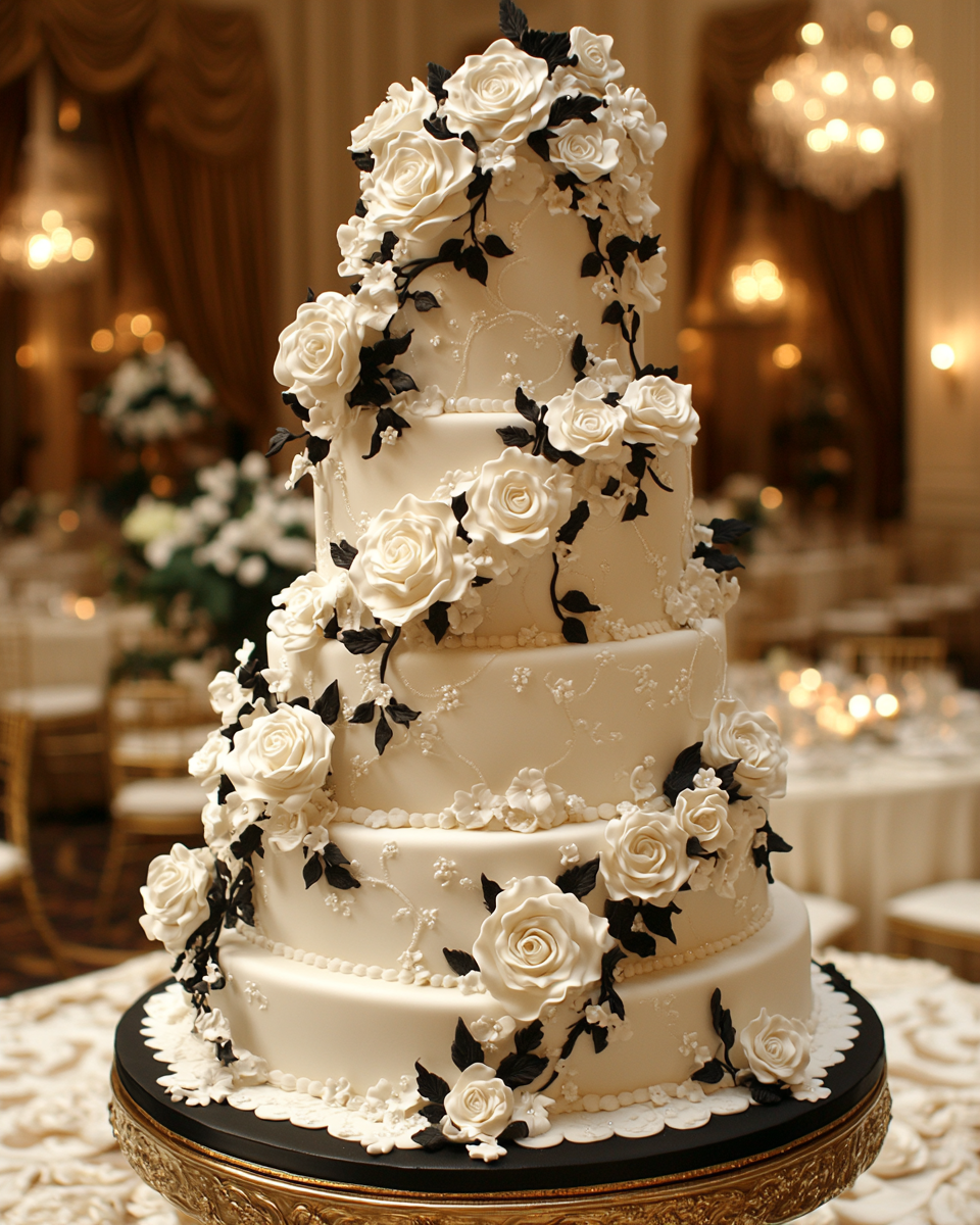 Award-winning royal wedding cake in grand ballroom