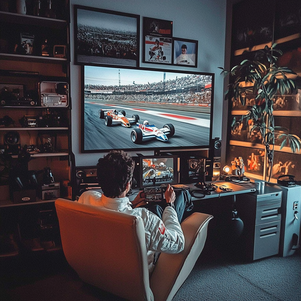 Ayrton Senna racing on high-tech simulator in 1989.