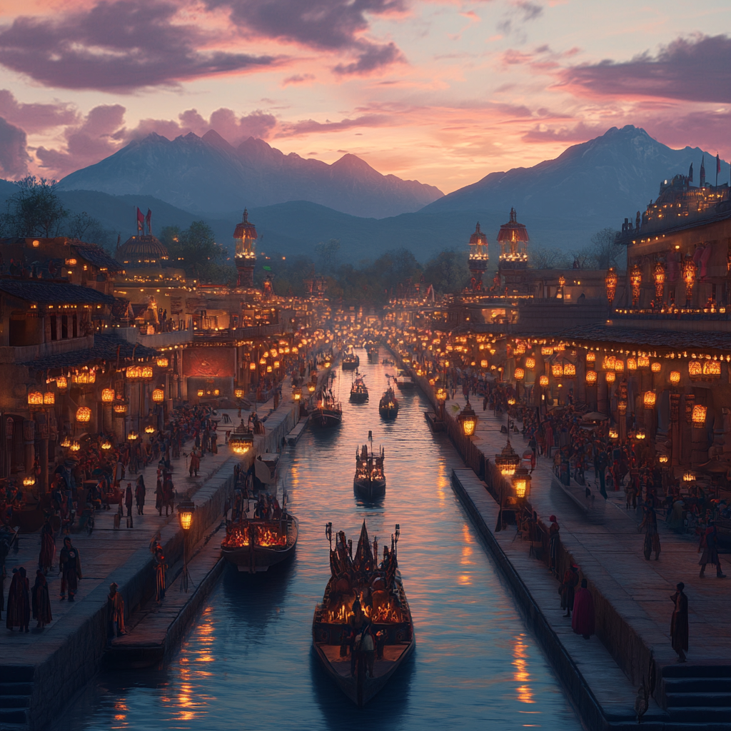 Aztecs busy by canal at sunset in Tenochtitlán.