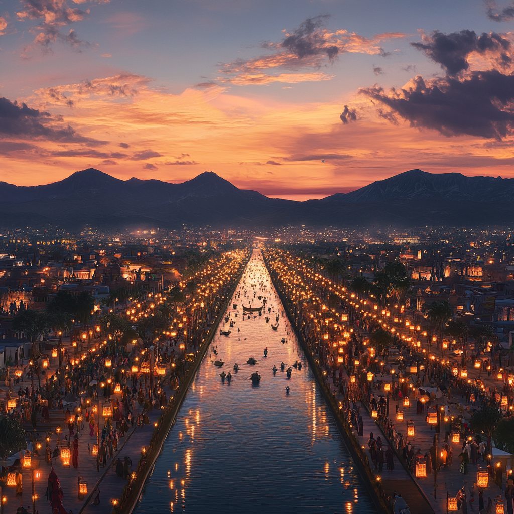 Aztecs in city with lantern lights at sunset.