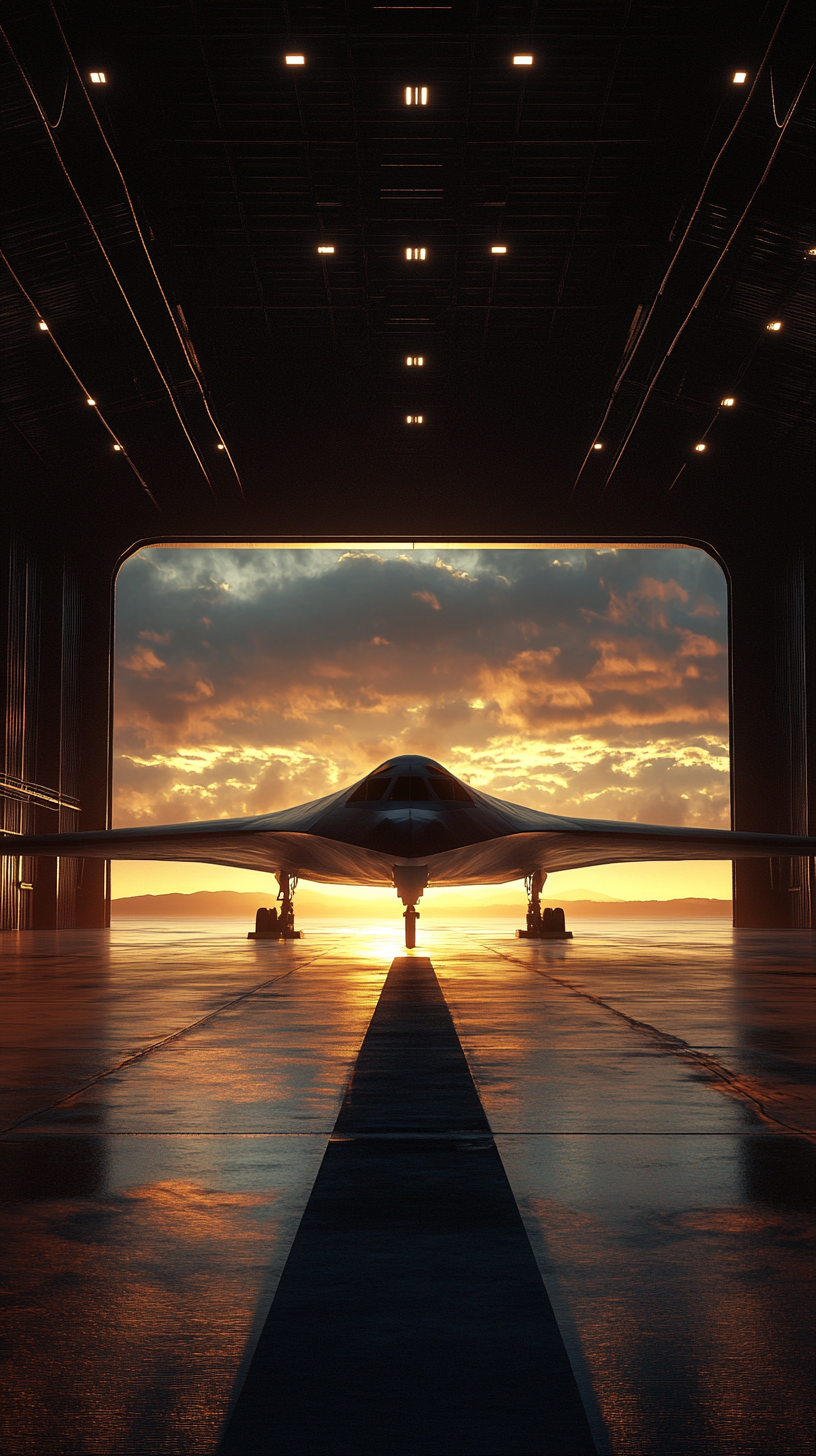 B-21 Raider emerges from hangar, sleek, futuristic design.