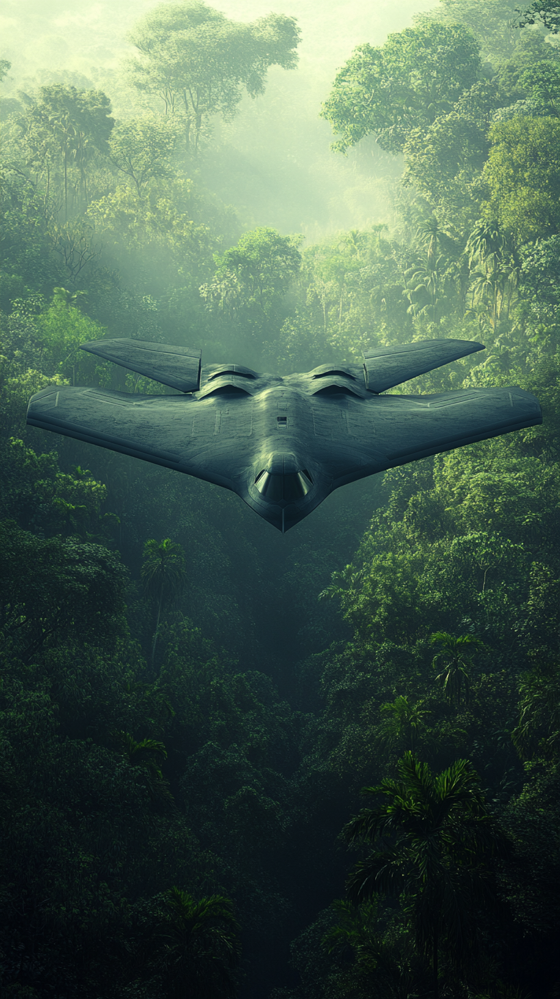 B-21 Raider flies low over jungle, penetrates defenses.