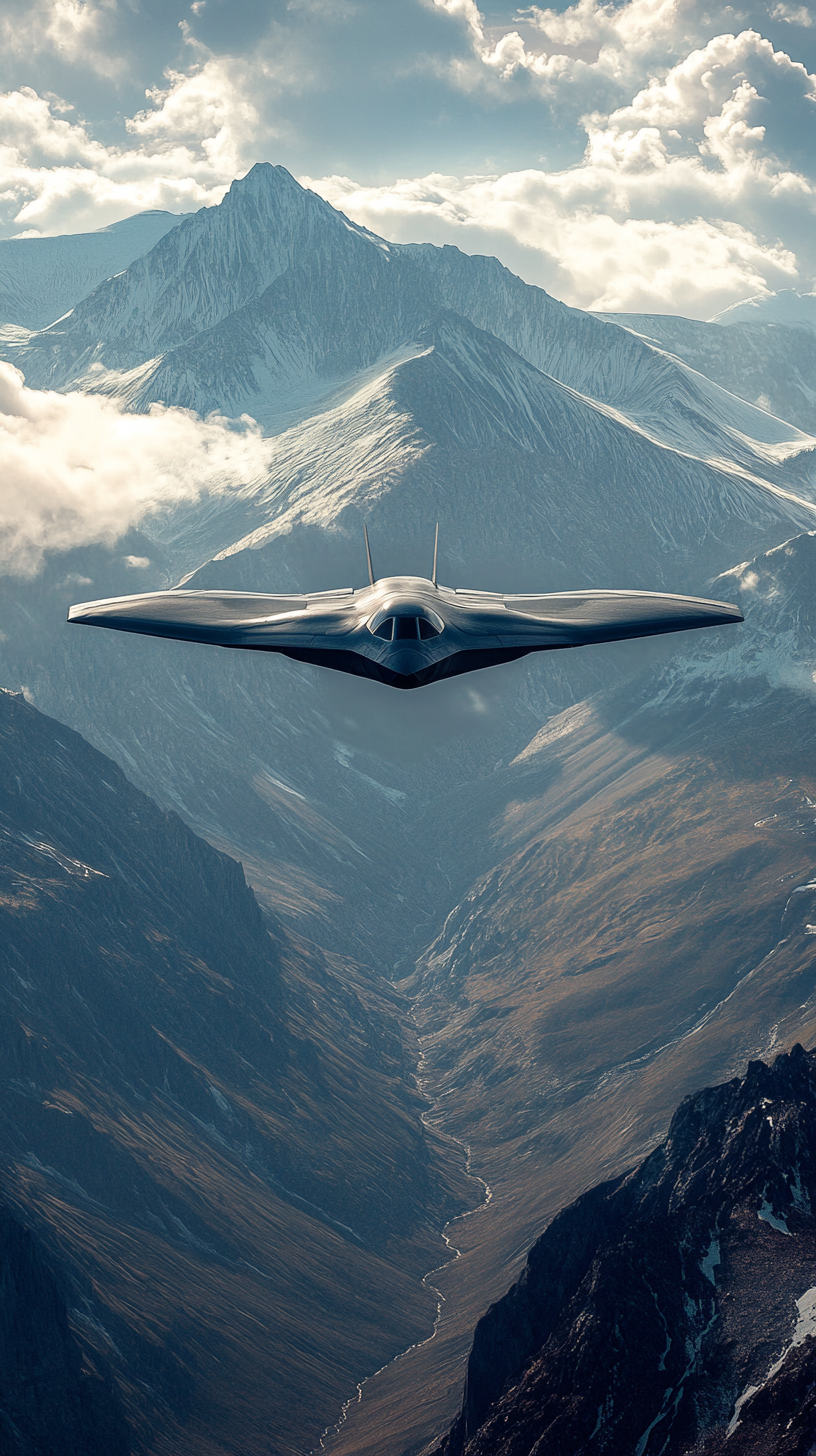 B-21 Raider flying over mountain range, global reach.