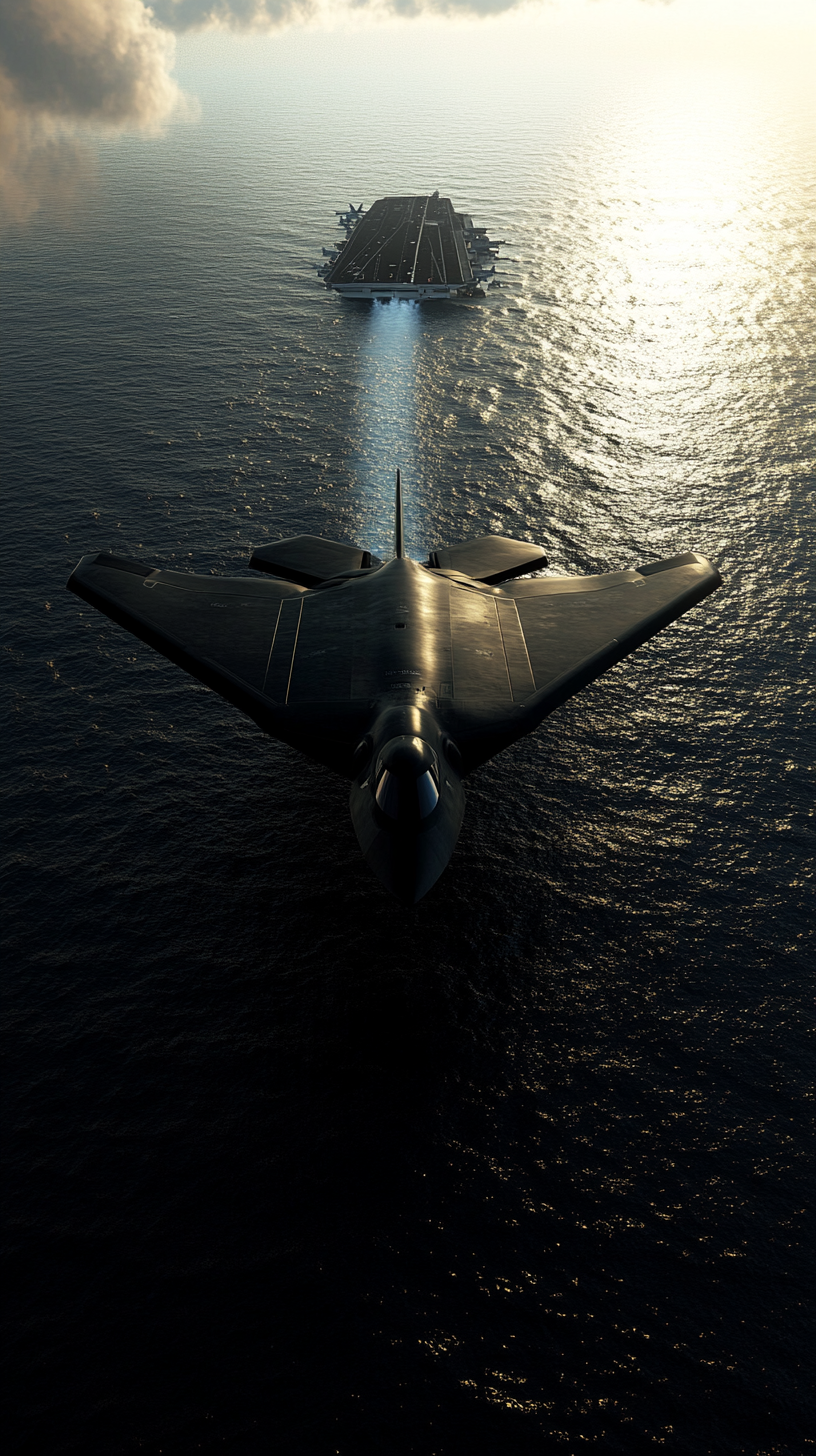 B-21 Raider flying over ocean, global operation ability.