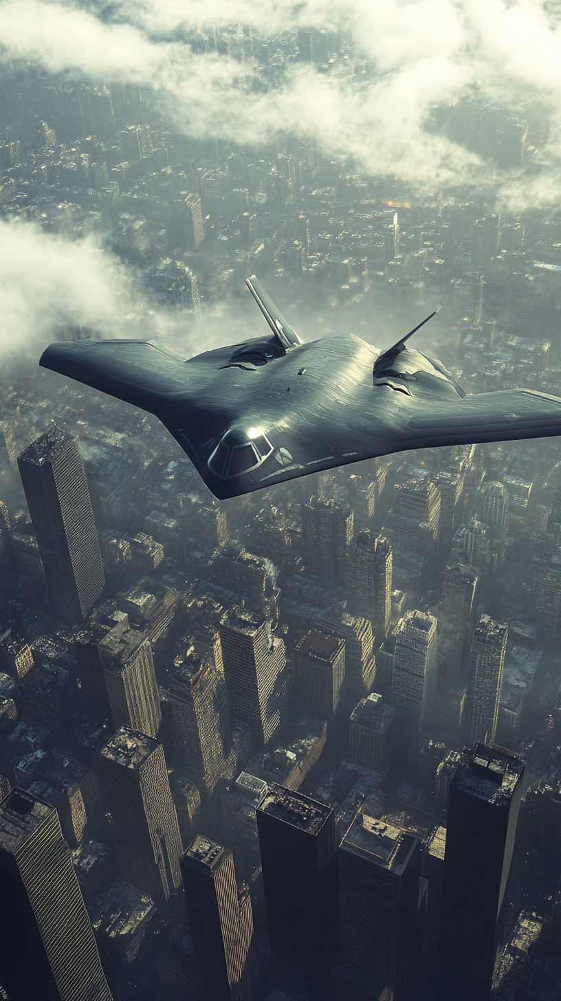 B-21 Raider flying undetected over enemy city.