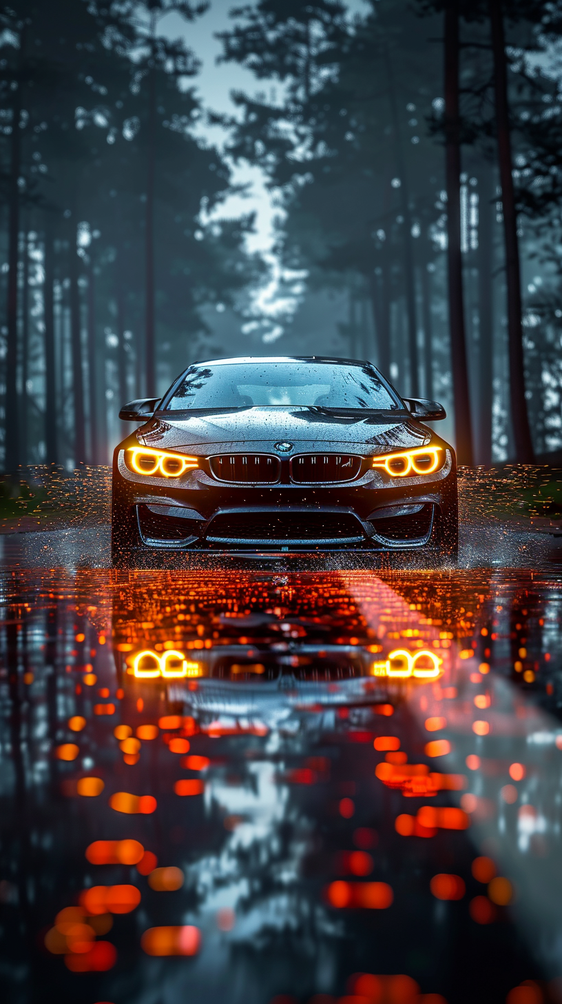 BMW M4 Driving on Rainy Night Road