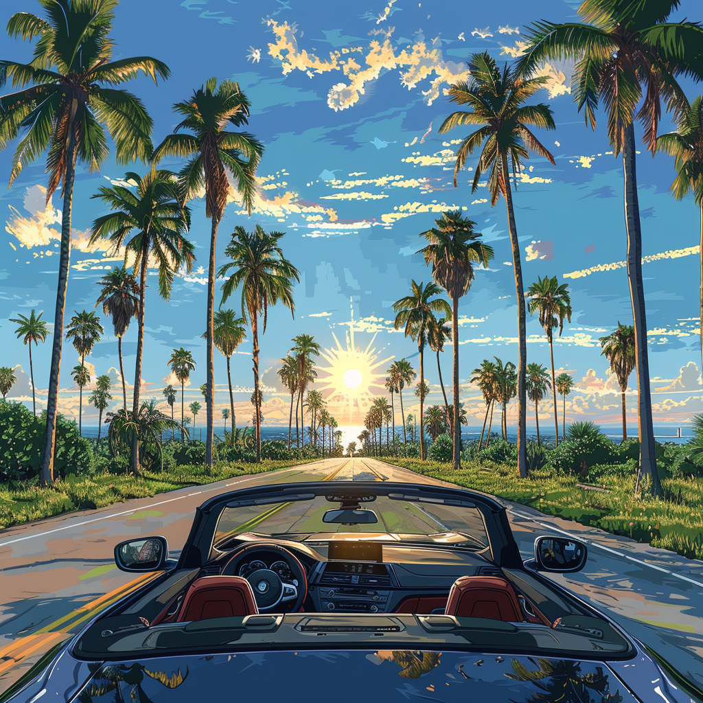 BMW convertible driving towards sunlit horizon with palm trees.