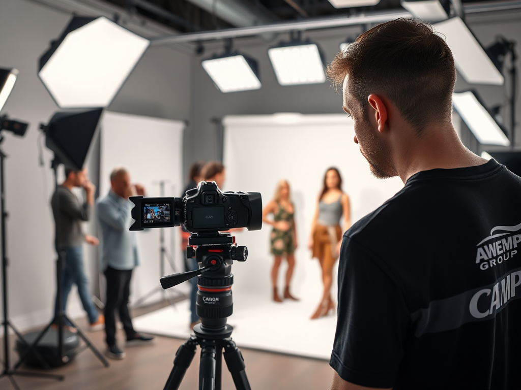 BTS shot of fashion shoot in bright studio set-up.