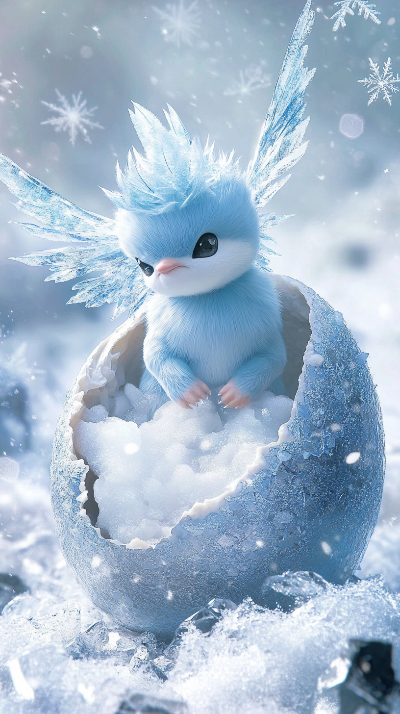 Baby Articuno hatching from frosty egg on icy landscape.