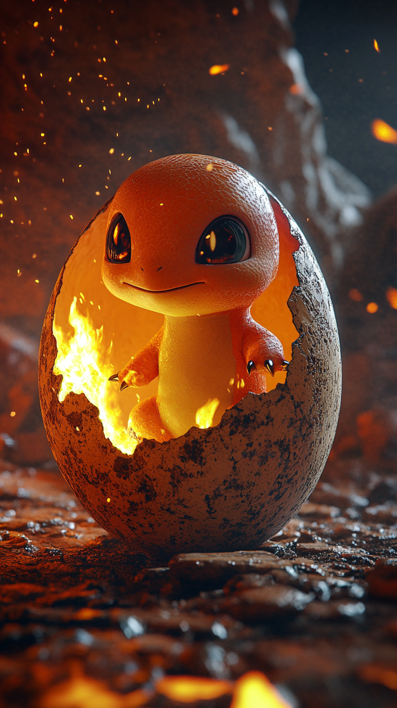 Baby Charmander hatches from egg in cozy cave.