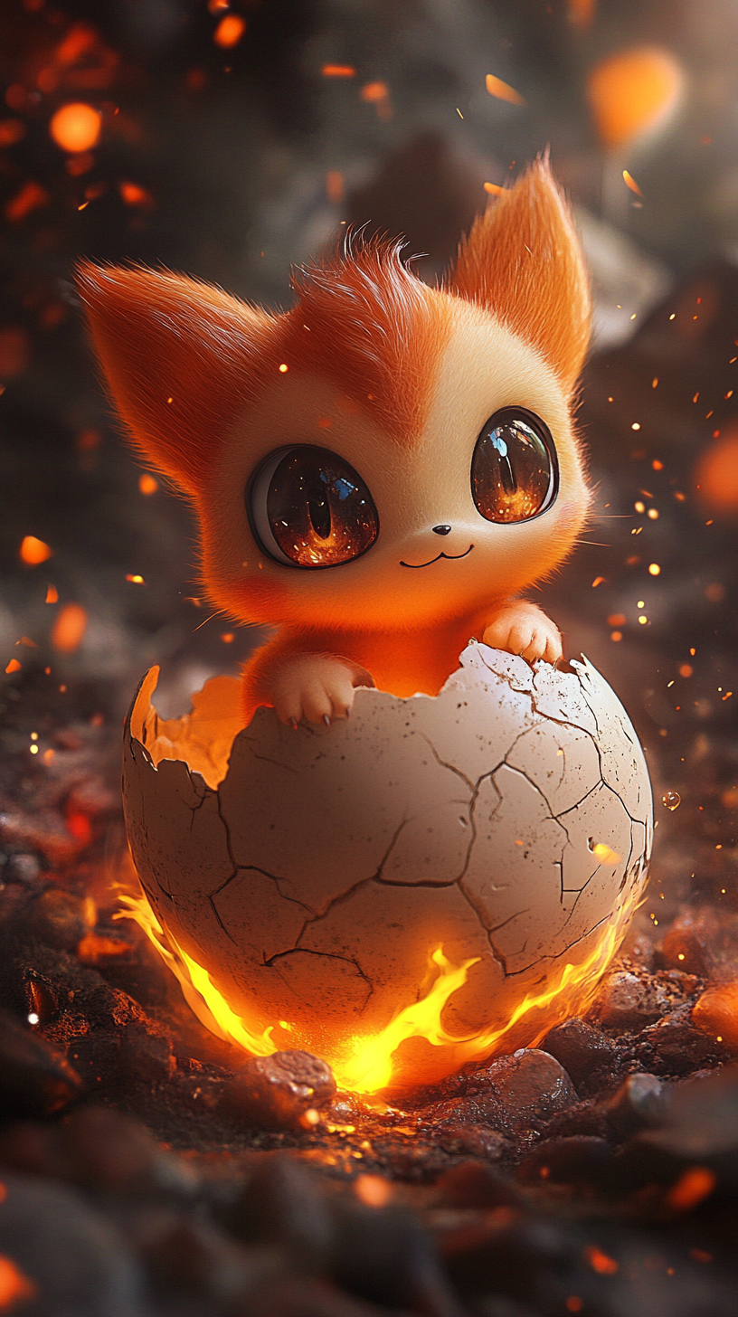 Baby Chimchar hatches from egg with fiery, cute flames.