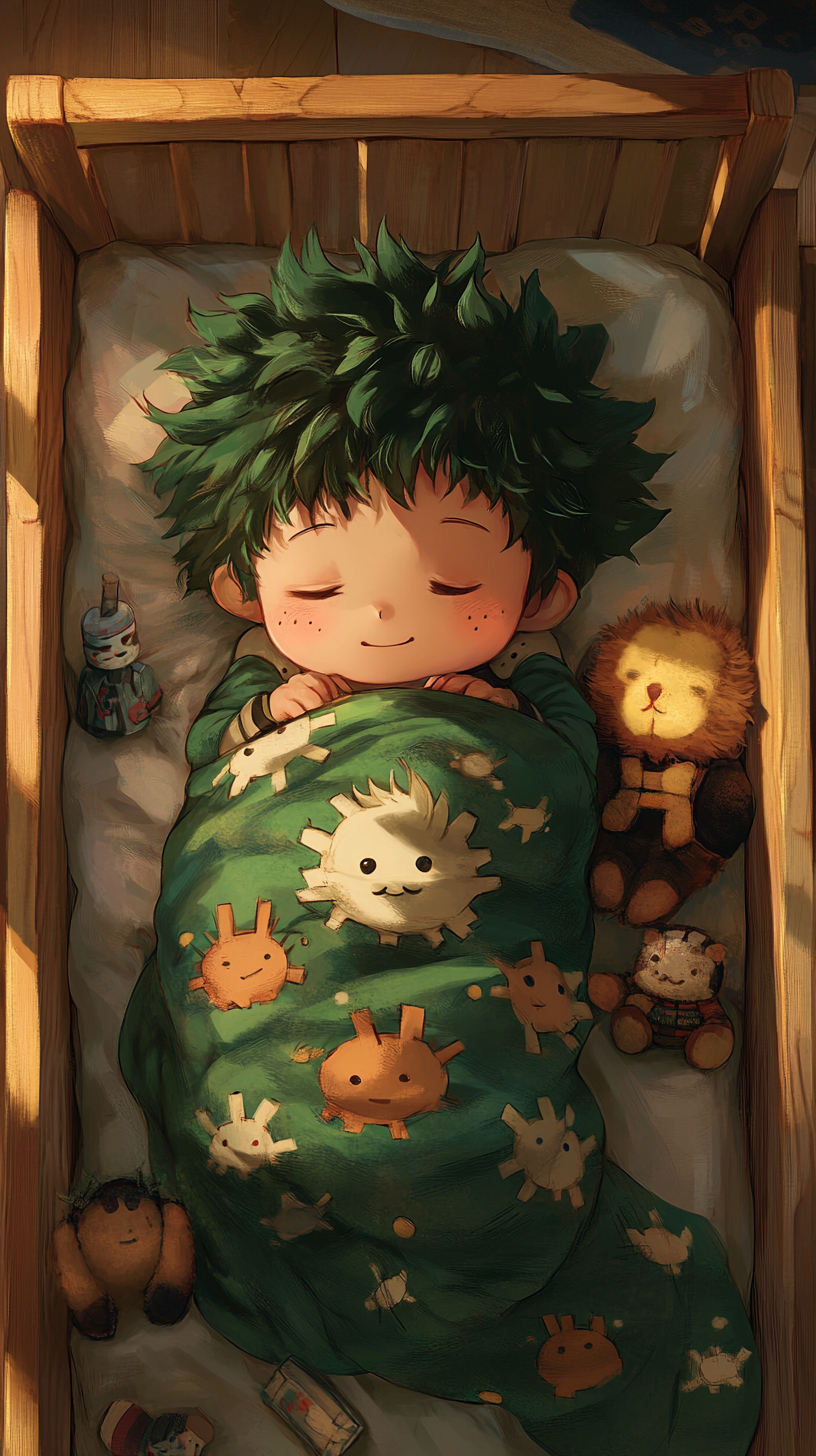 Baby Deku sleeping peacefully in crib surrounded by hero gear.