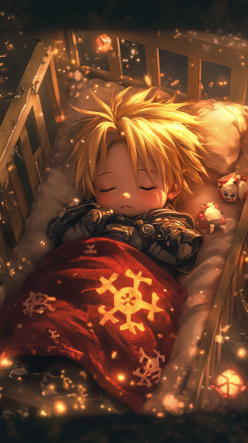 Baby Edward Elric from Fullmetal Alchemist sleeping adorably in crib