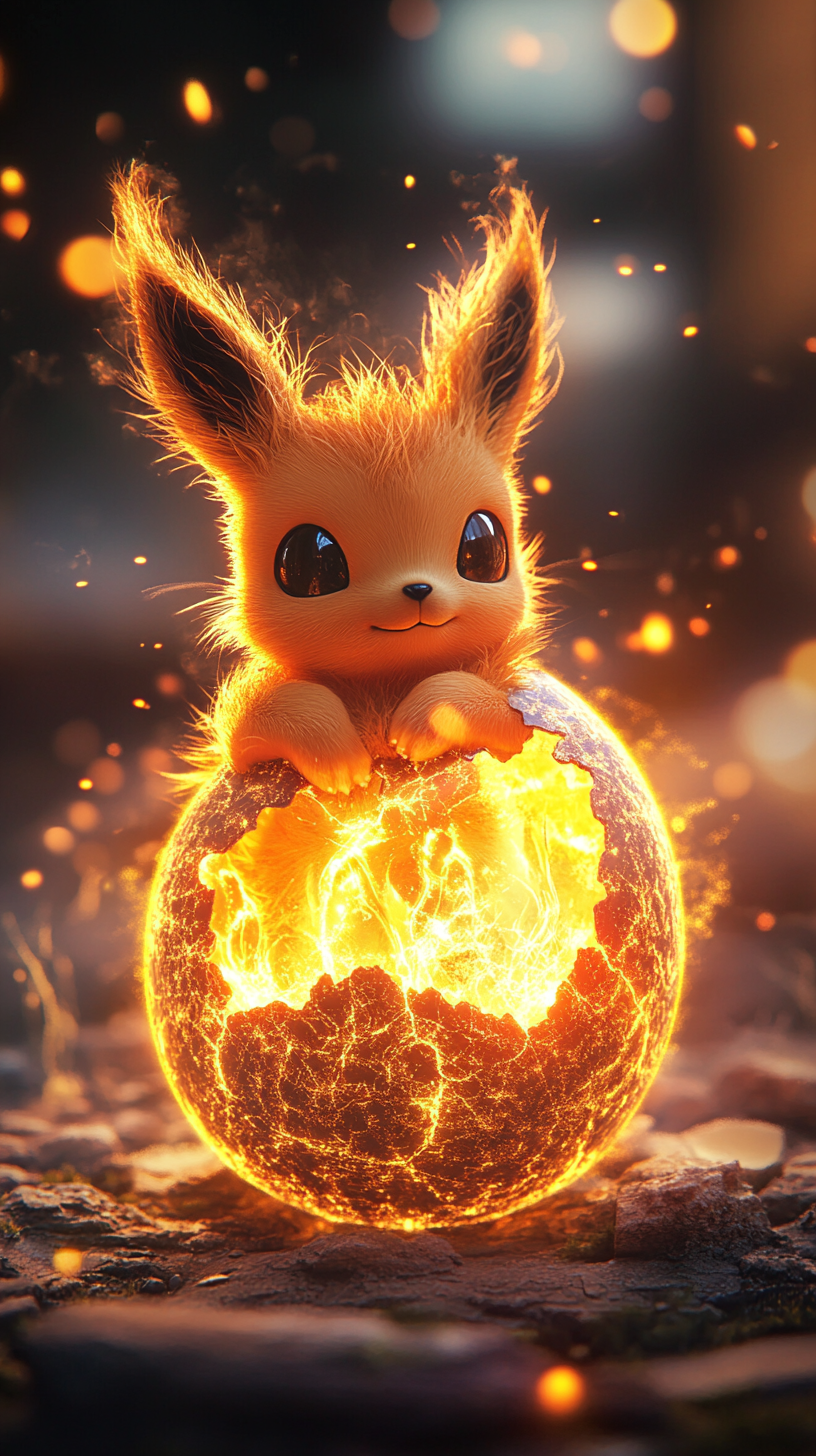 Baby Eevee hatching from fiery egg in magical setting.