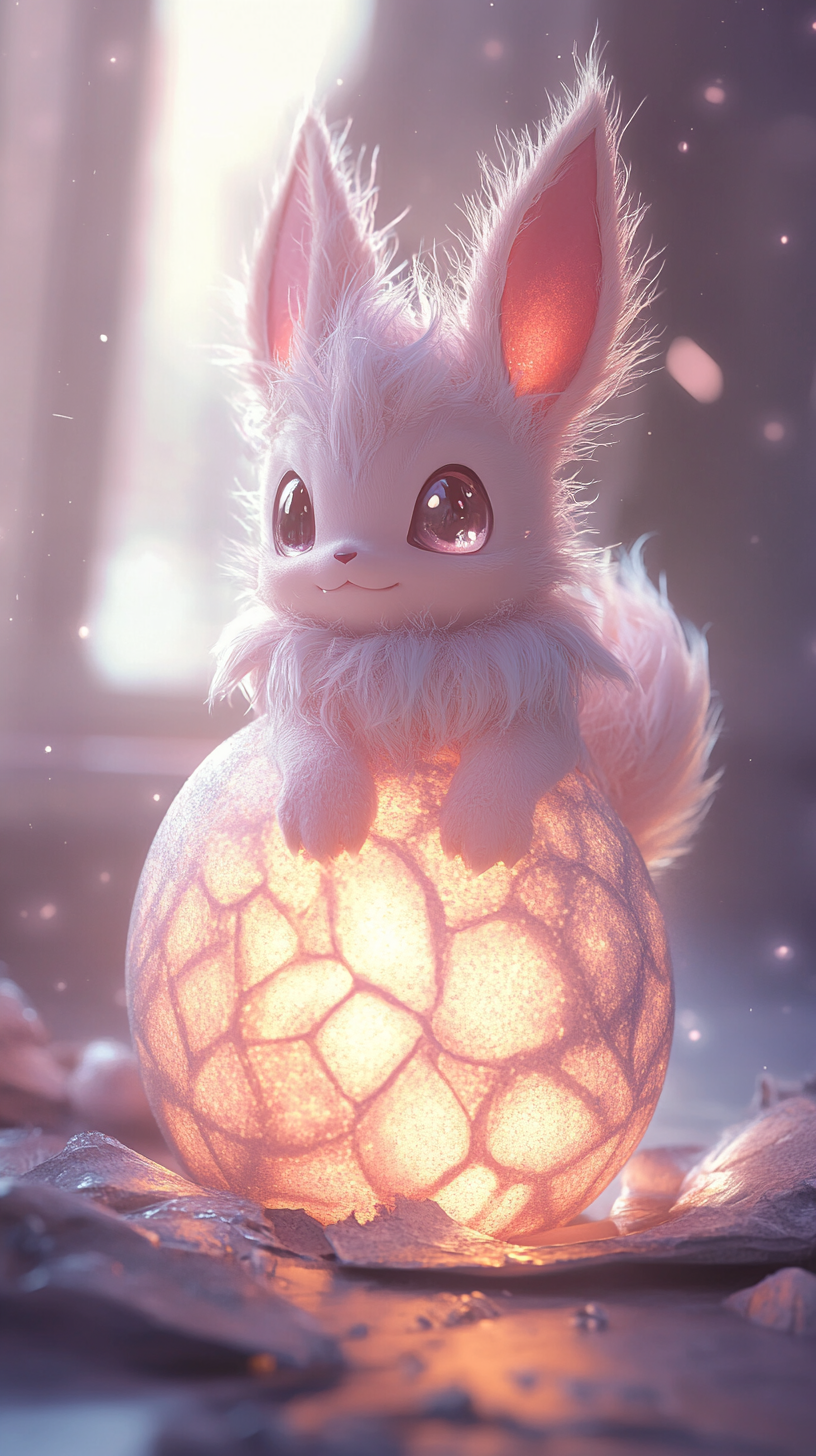 Baby Eevee hatching from glowing egg, dreamy background.