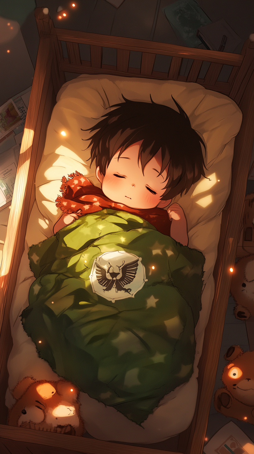 Baby Eren sleeping in cute crib with plush toys.