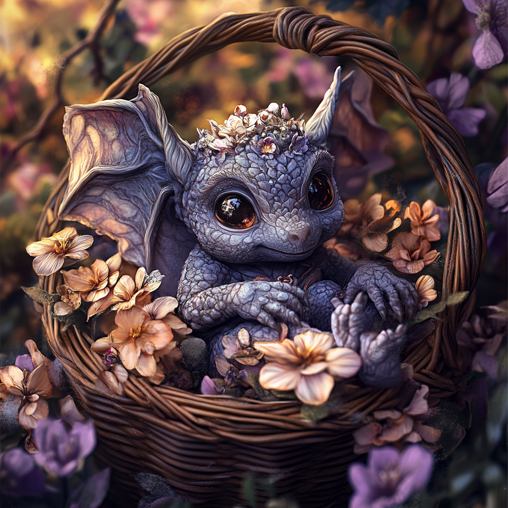 Baby Gargoyle in Basket with Sparkling Flowers